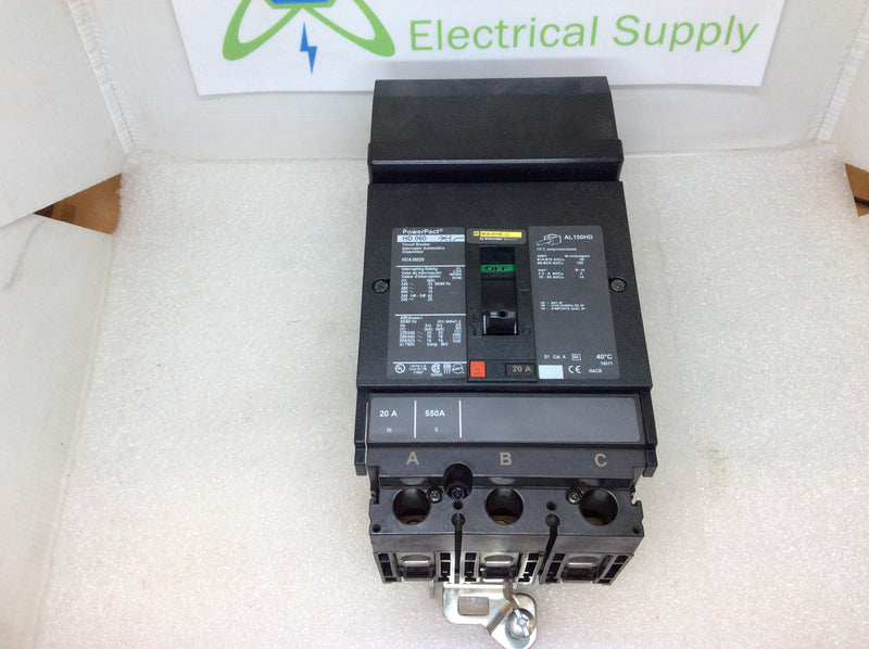 Square D HDA36020 3 Pole 20 Amp 600v PowerPact Circuit Breaker