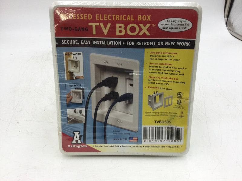 Arlington Recessed Electrical TV Box TVBU505 2-Gang Combo Box Power on One-Side Low Voltage In the Other