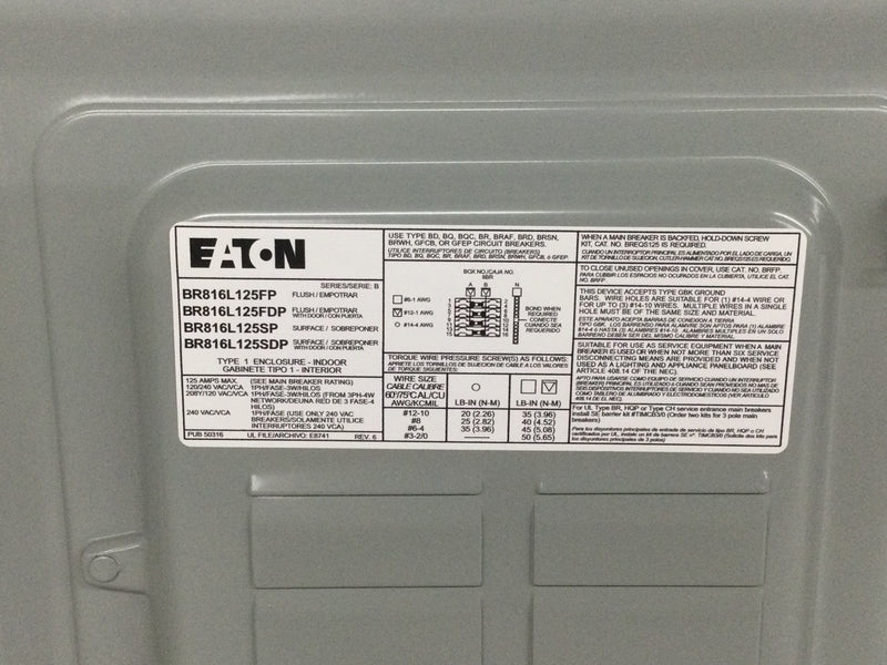 Eaton Cutler Hammer BR816L125FP (12 1/4" x 14 1/8") 125 Amp 8 Space 16 Circuit Flush Style Door/Dead Front Combination