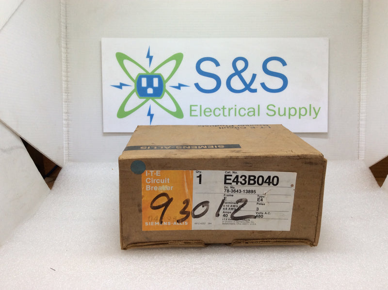 Siemens-Allis/ITE E43B040 3 Pole 40A 480VAC Type E43B Circuit Breaker (New)