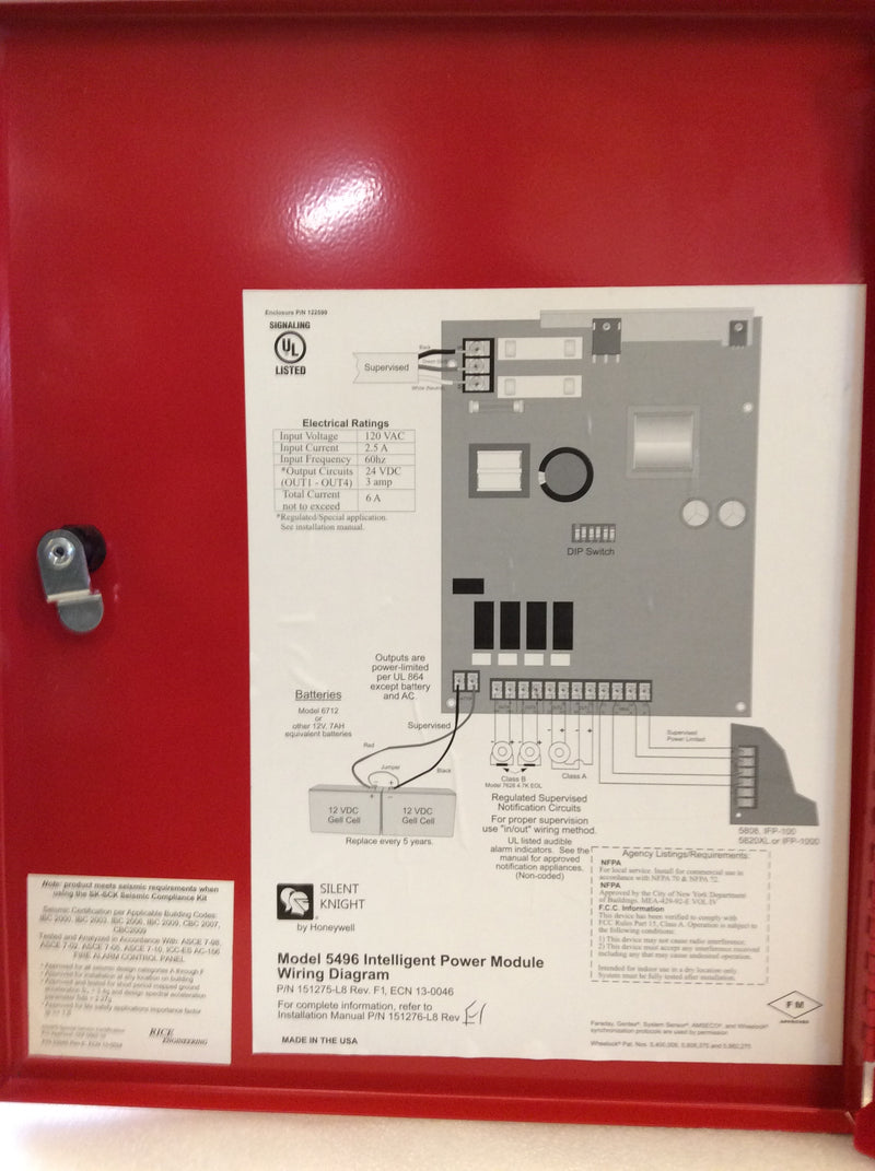 Silent Knight 5496 By Honeywell Intelligent Power Module 120VAC @ 2.5A Input 24VDC @ 3A Output