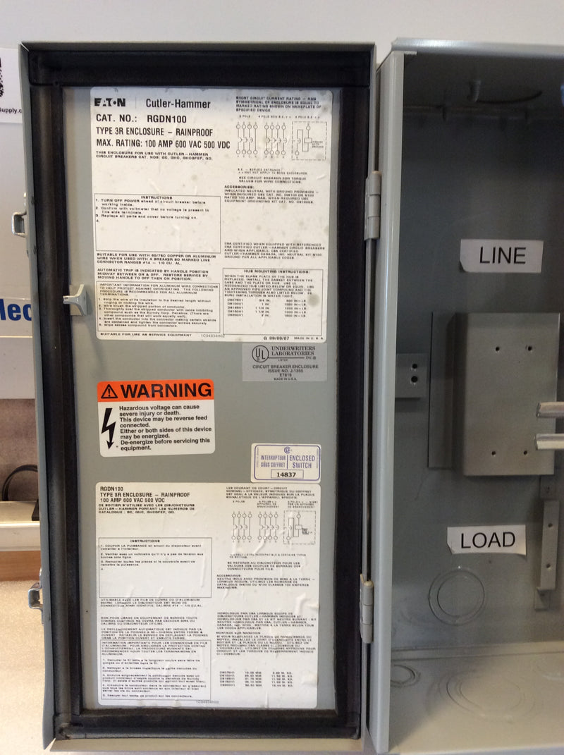 Eaton RGDN100 100A 600VAC Nema3R Main Circuit Breaker Enclosure Type GC,GHC (New Open Box)