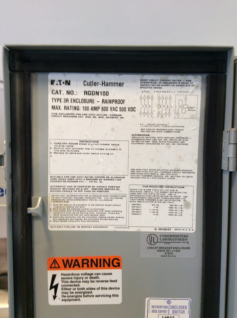 Eaton RGDN100 100A 600VAC Nema3R Main Circuit Breaker Enclosure Type GC,GHC (New Open Box)