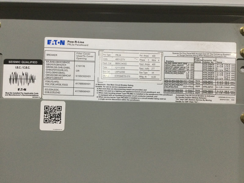 Eaton Prl3a 400a 480/277v 3 Phase 4 Wire Nema 3r Guts Only With Ground Bar