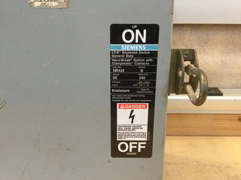 Ite Siemens Nr422 Ser. B, Safety Switch, 60a, 240v, 3ph, Fusible, Max H.P. 15