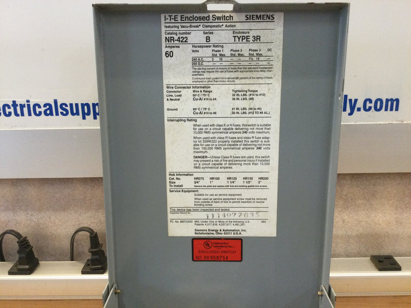 Ite Siemens Nr422 Ser. B, Safety Switch, 60a, 240v, 3ph, Fusible, Max H.P. 15