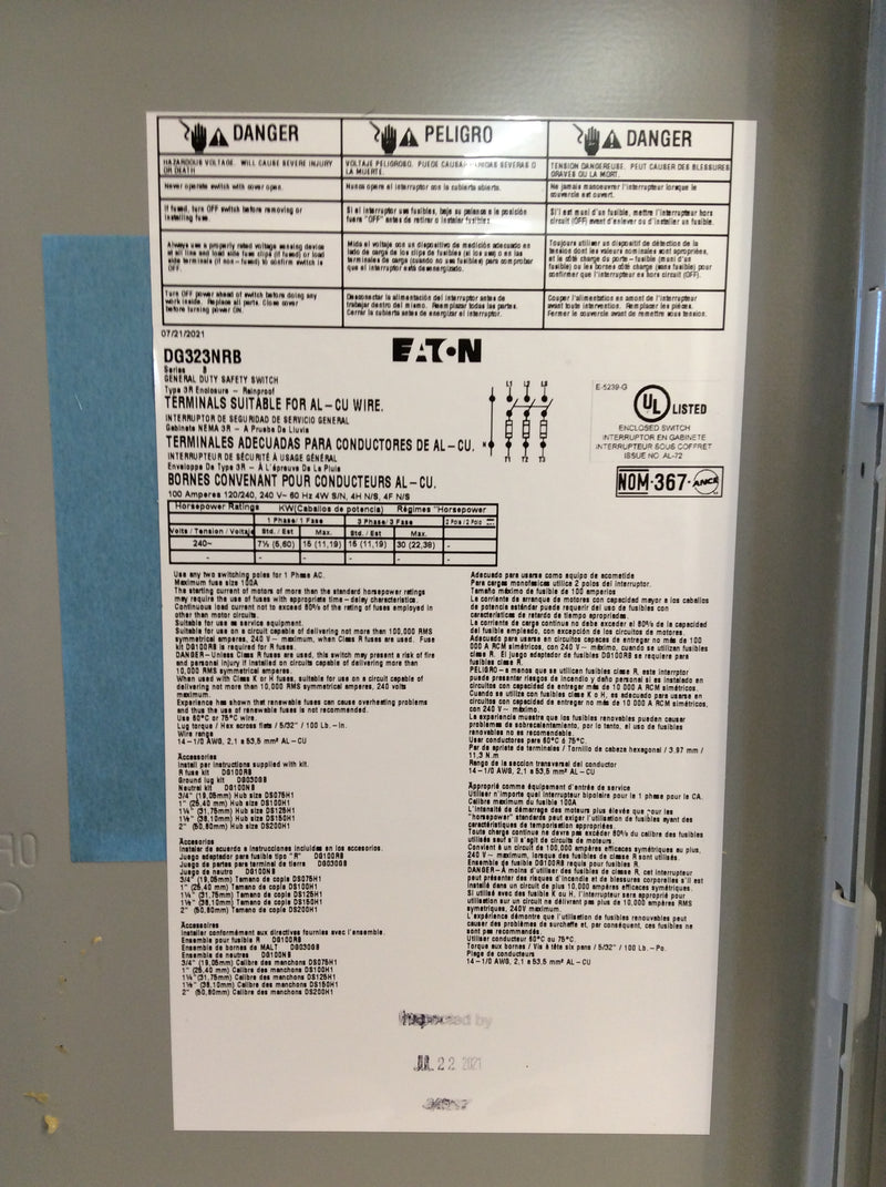 Eaton/Cutler-Hammer DG323NRB 100 Amp 240 Volt Fusible Nema3r Disconnect Safety Switch