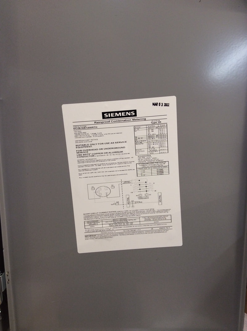 Siemens MC0816B1200RTH Meter Load Center Combo 200A 16 Circuit Nema3R (New Open Box)