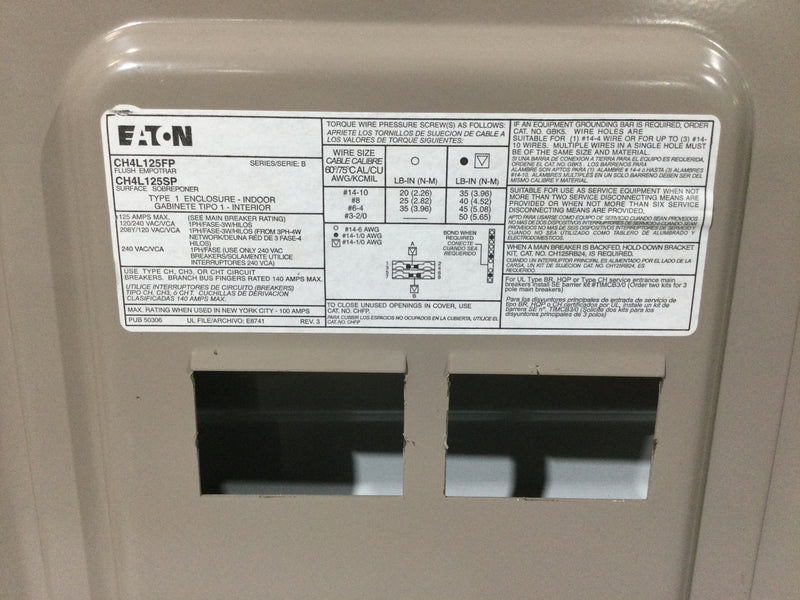 Cutler Hammer CH4L125FP 125 Amp CH Series Main Lug Only Load Center 1 Phase 3 Wire Nema 1 Indoor Enclosure 120/240v 14.25" x 12.25"