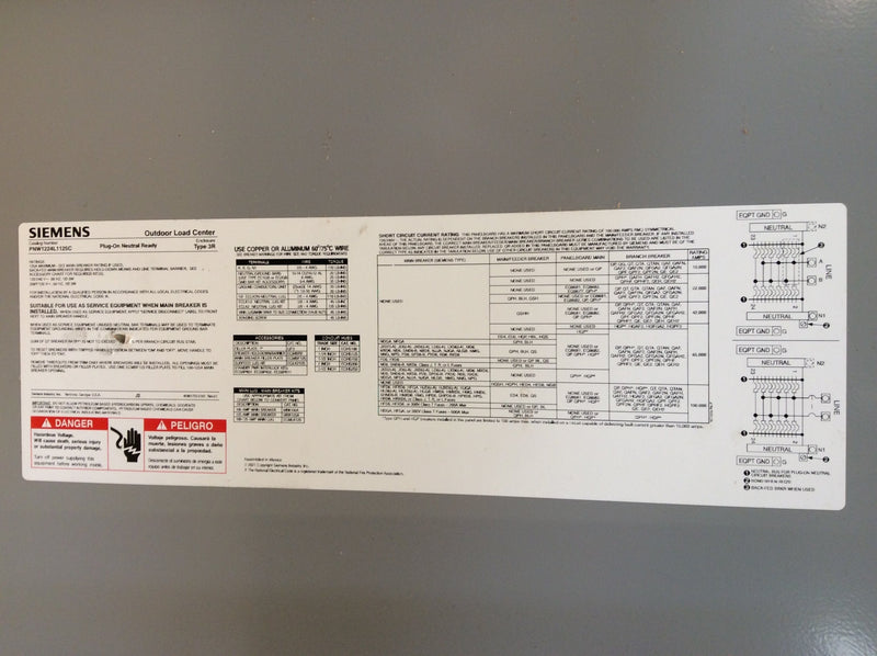 Siemens PNW1224L1125C Nema3R 24 Circuit 125A 120/240V PN Series Convertible Type Q (New In Box)