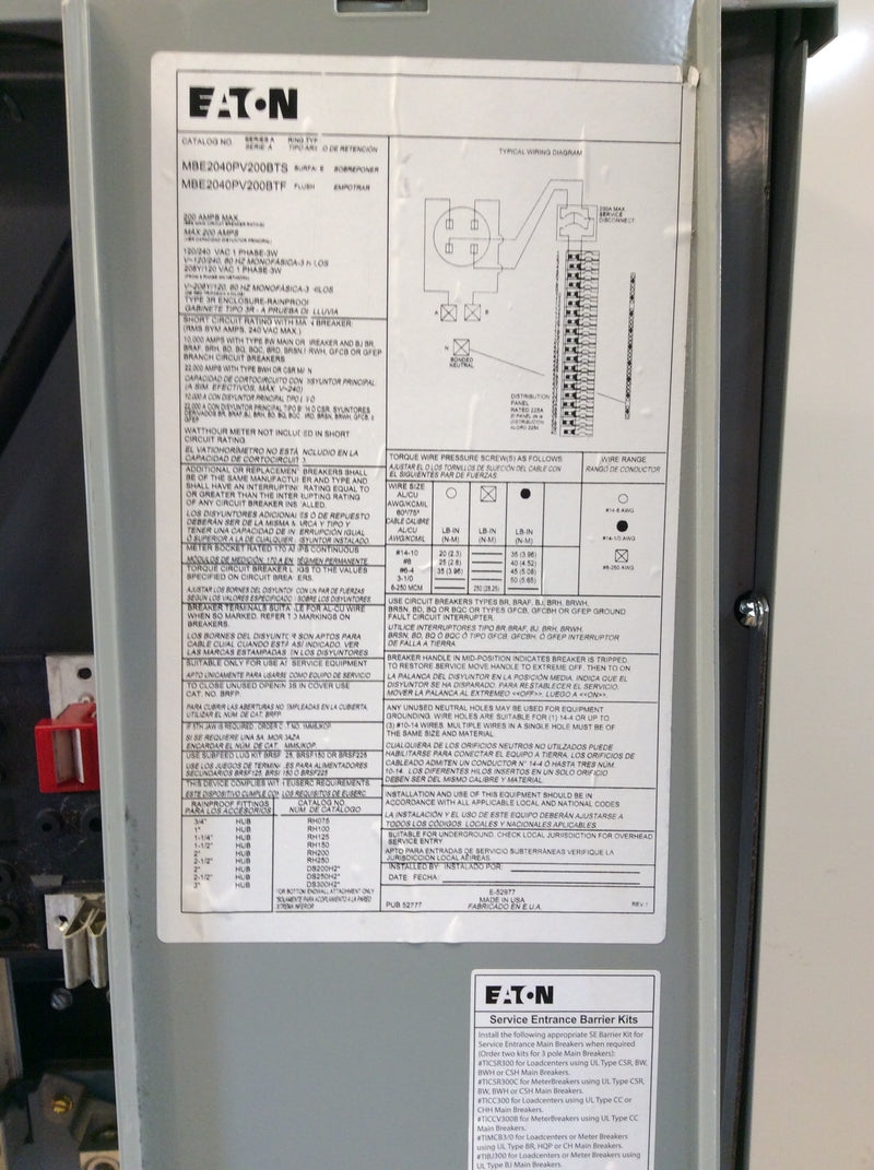 Eaton MBE2040PV200BTS Single Phase 200A 40 Circuit 120/240VAC Solar Ready Nema3R Meter/Main Combo