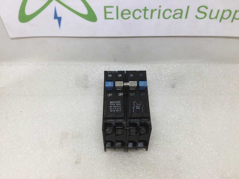 Bryant Type BRD BQ240-2115; 2-15 Amp, 2-40 Amp, 120/240v Quad Circuit Breaker