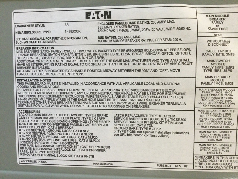 Eaton/Cutler-Hammer BRP40NC200 200 Amp Max 120/240V 40 Spaces 80 Circuits 1 Phase 3-Wire 15 3/8"x 40"