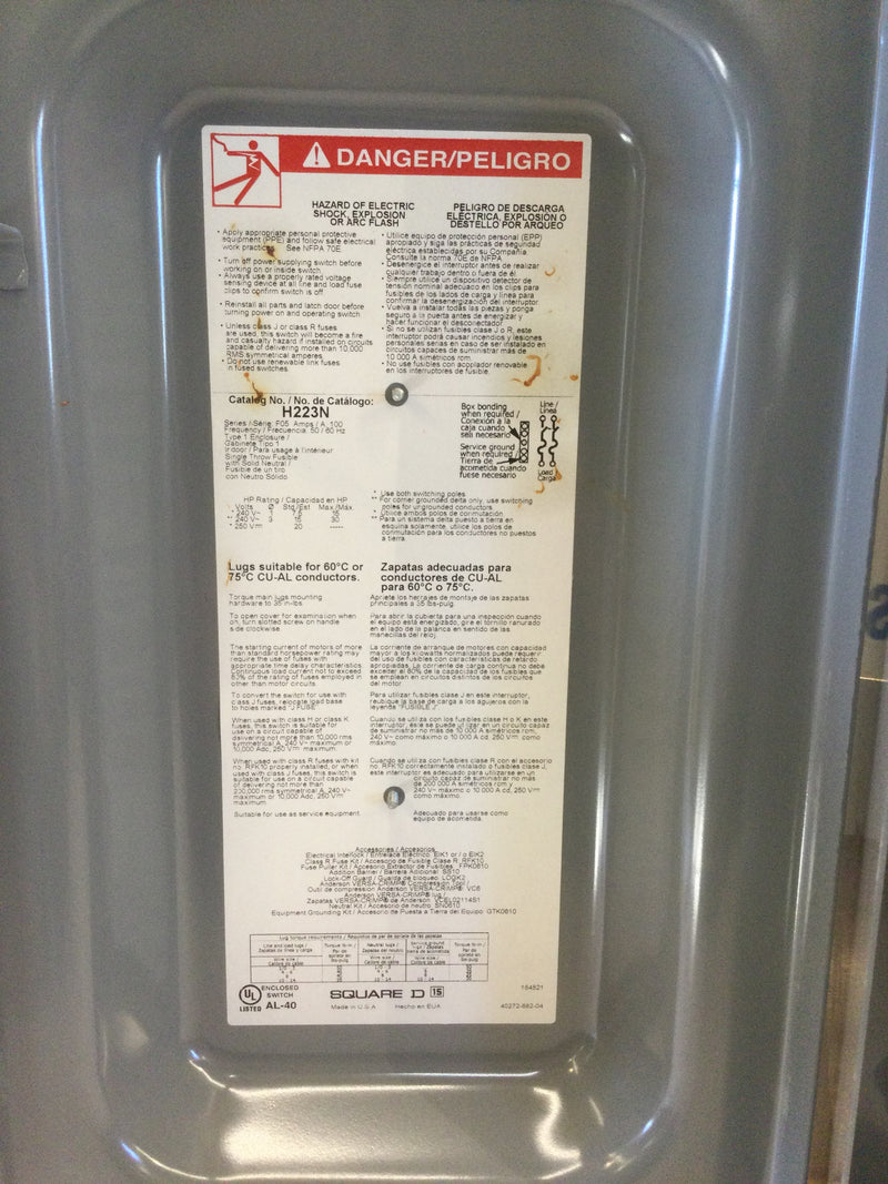 Square D H223N 2 Pole 100A 240VAC Max Fused Nema1 Enclosure Safety Switch/Disconnect