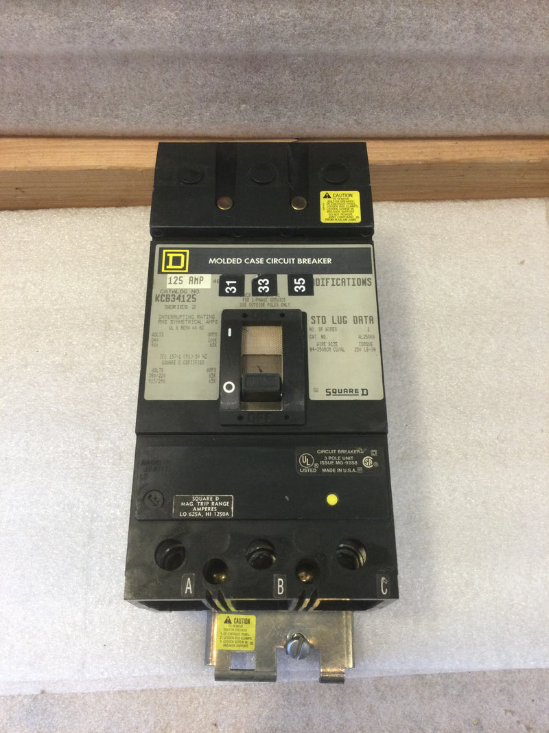 Square D KCB34125 3 Pole 125 Amp 240/480VAC Series 2 Type KCB I-Line Circuit Breaker With Adjustable Trip