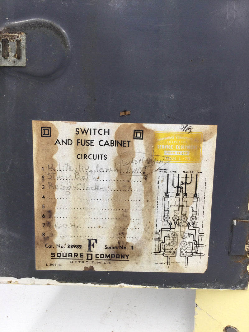 Square D 33982 Series 1 8 Circuits Switch and Fuse Cabinet