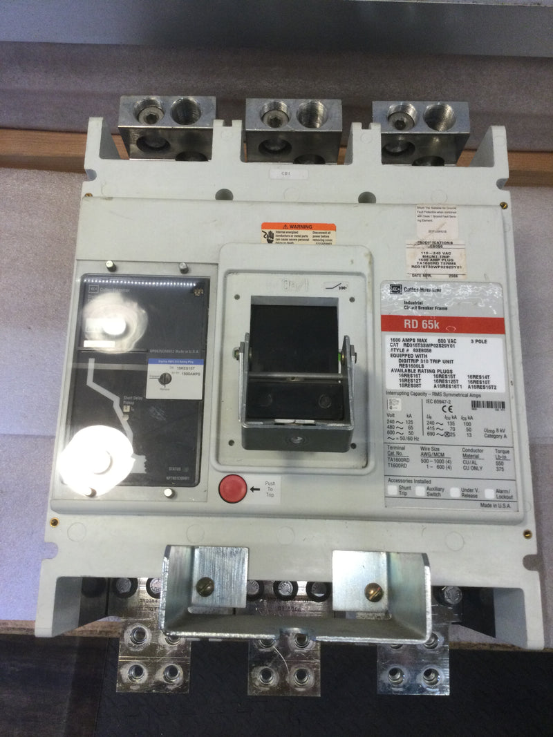 Eaton RD316T33WP02S29Y01 3 Pole 1600A 600VAC 65K Equipped With Digitrip RES1600LS