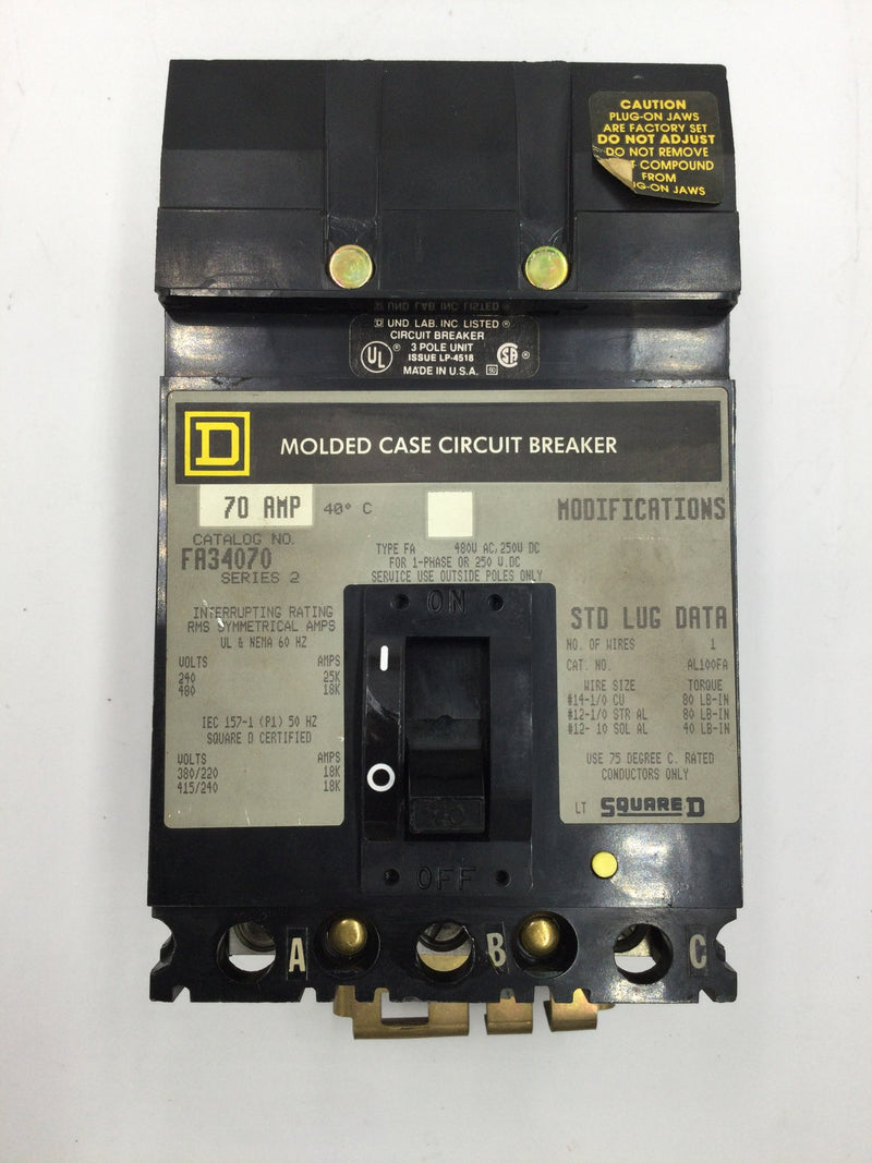 Square D FA34070 3 Pole 70 Amp 480VAC/240VDC I-Line Type FA Circuit Breaker