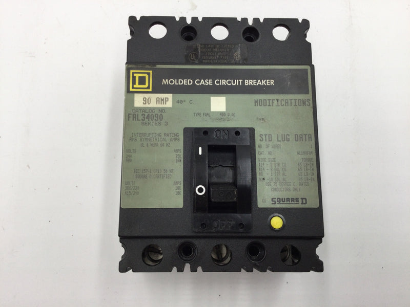 Square D FAL34090 3 Pole 90 Amp 480Vac Type FA4L Series 3 Circuit Breaker