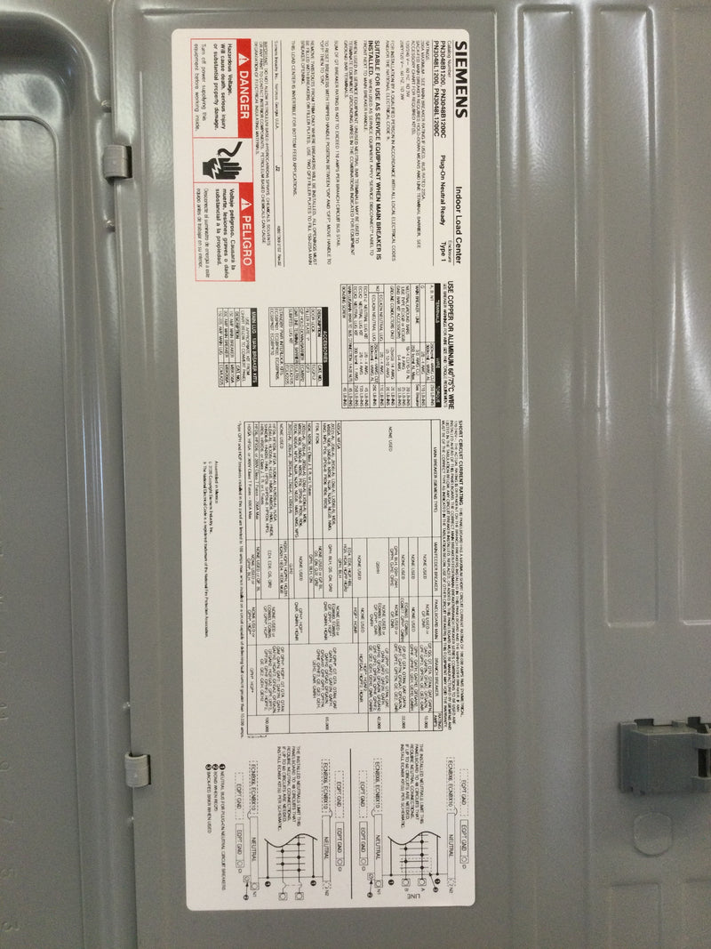 Siemens PN3048L1200C 30 Space/48 Circuit 200A 120/240VAC Single Phase Plug On Neutral (PON) Flush/Surface Combo Cover Type PN Nema1