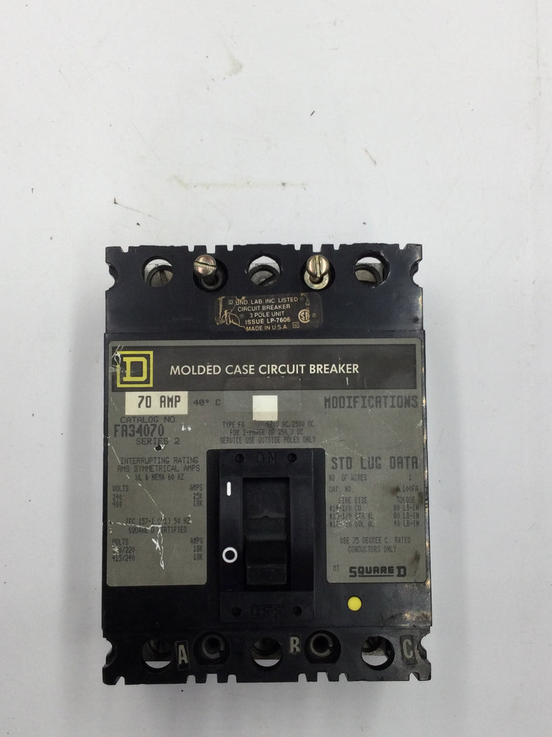 Square D FA34070 3 Pole 70 Amp 480VAC/240VDC Molded Case Circuit Breaker