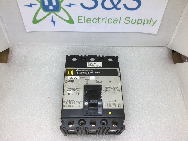 Square D FAL34060 3 Pole 60 Amp 480VAC Type FAL Circuit Breaker