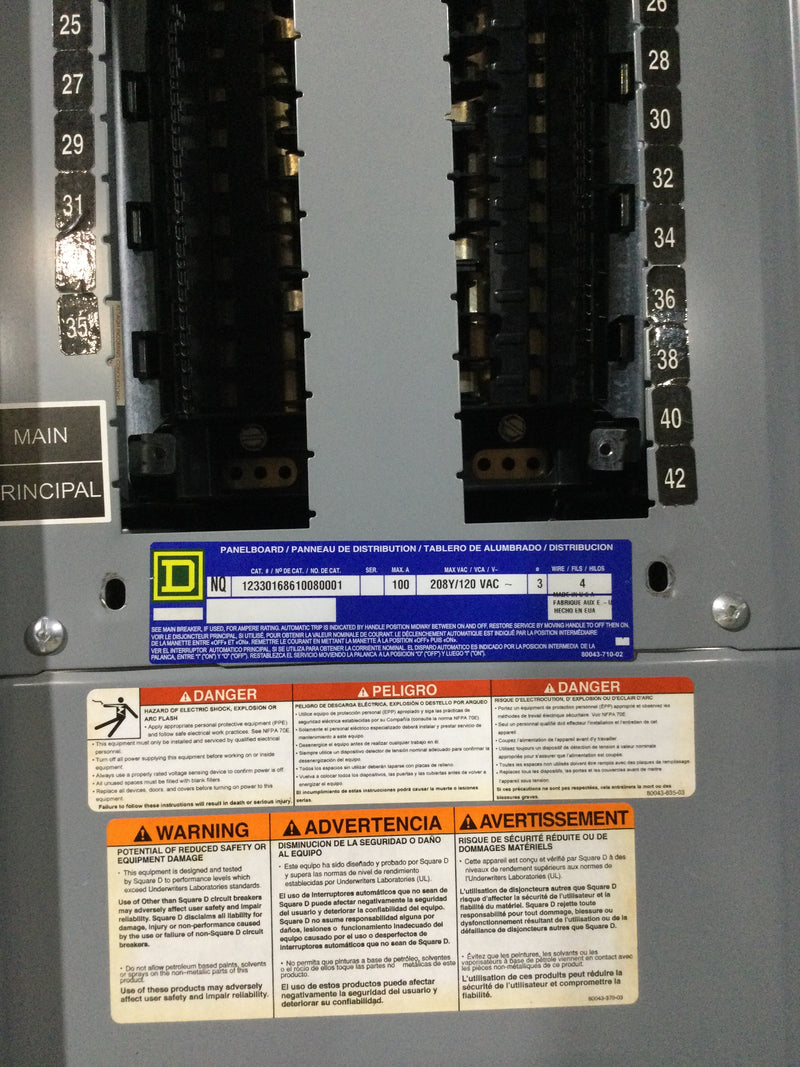 Square D Type NQ 12330168610080001 100A 42 Circuit 3 Phase 208Y/120VAC Panel Board