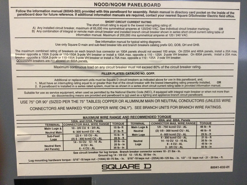 Square D NQOD 60 Amp 208Y/120V Type One Enclosure 3-Phase 4-Wire 30 Spaces