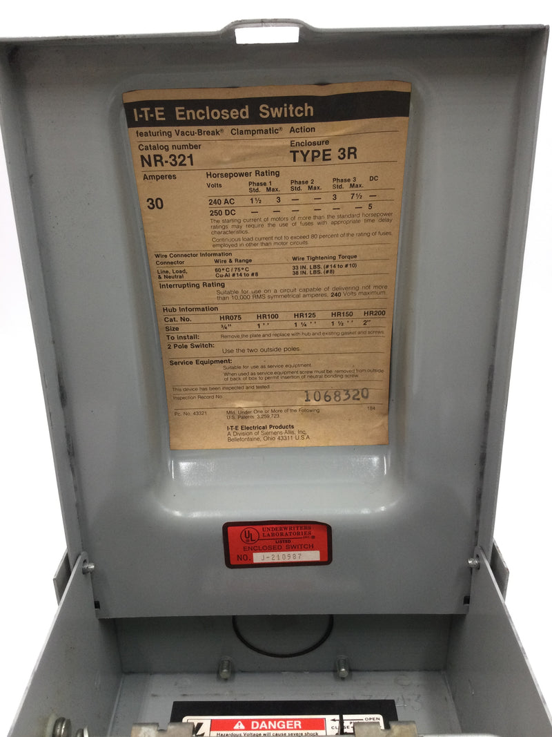 ITE General Duty Safety Switch NR321 30 Amp 240 Volt Fusible 3R Enclosure