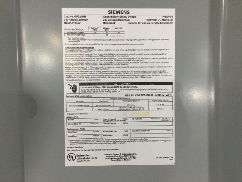 Siemens Fusible General Duty Safety Switch GF324N 200 Amp Type1 240v Type VB II