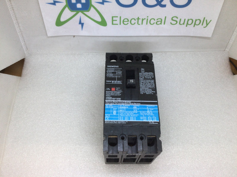 Siemens ED63B015 3 Pole 15 Amp 600VAC Type ED6 Circuit Breaker