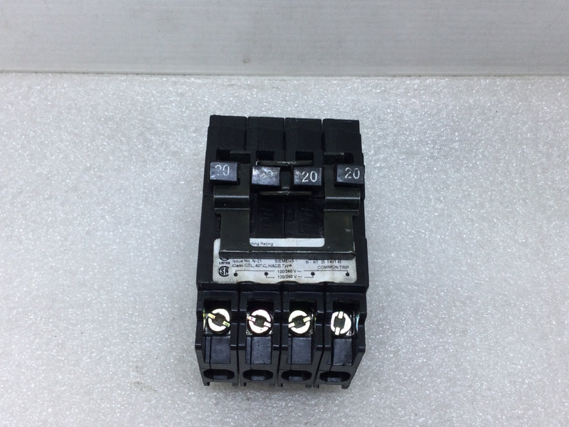 Siemens Q22020CT/CT2 20/20 Amp 120/240v 4 Pole 10k Type QT Circuit Breaker