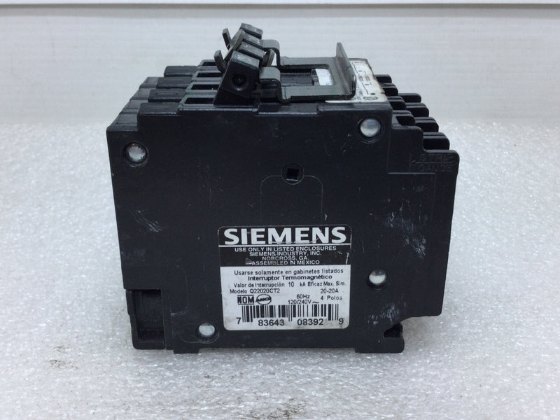 Siemens Q22020CT/CT2 20/20 Amp 120/240v 4 Pole 10k Type QT Circuit Breaker