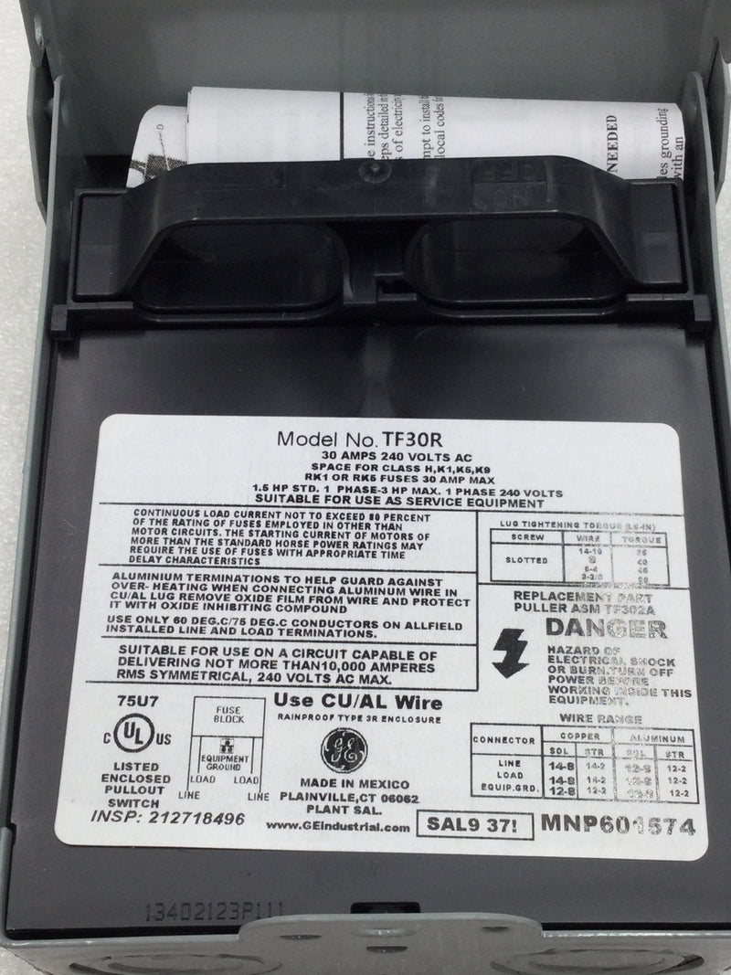 GE General Electric TF30RCP Fusible 30 Amp 120/240V Nema3R A/C Outdoor Disconnect