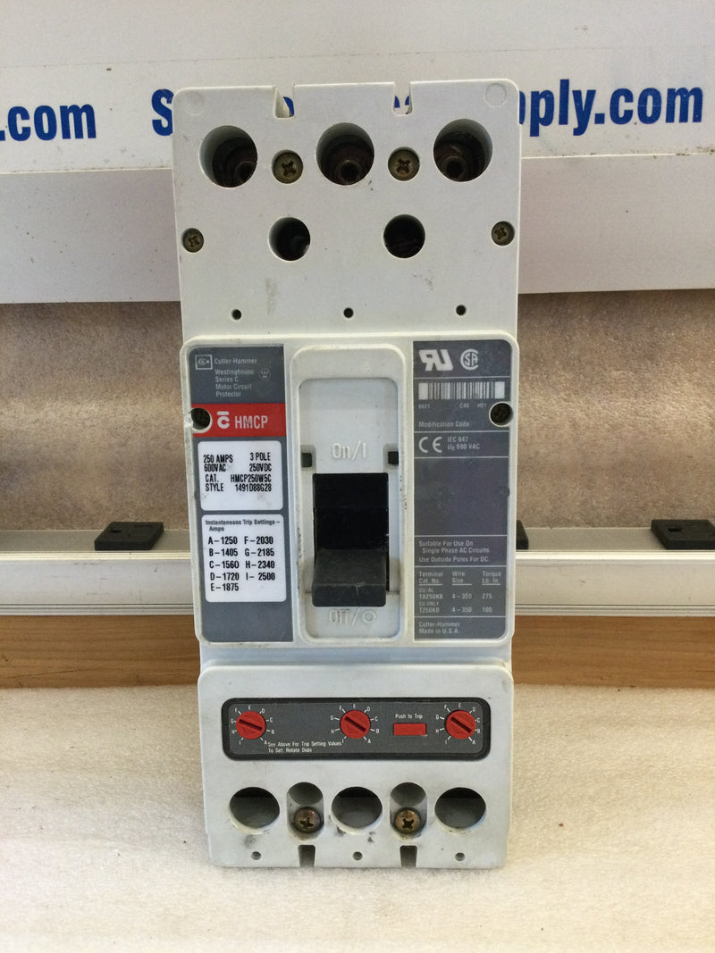 Eaton Cutler Hammer HMCP250W5C 250 Amp 600 Vac 3 Pole Circuit Breaker