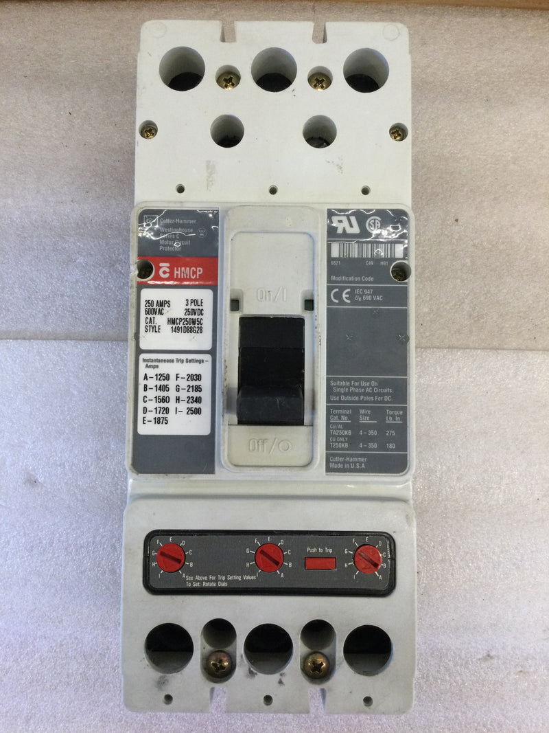 Eaton Cutler Hammer HMCP250W5C 250 Amp 600 Vac 3 Pole Circuit Breaker