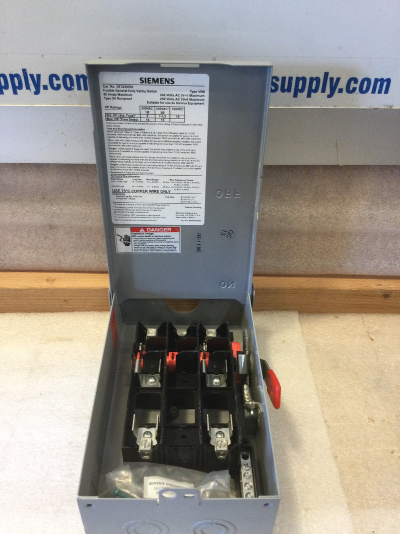 Siemens GF222NRA Single Phase 60A 240VAC Fusible General Duty Safety Switch