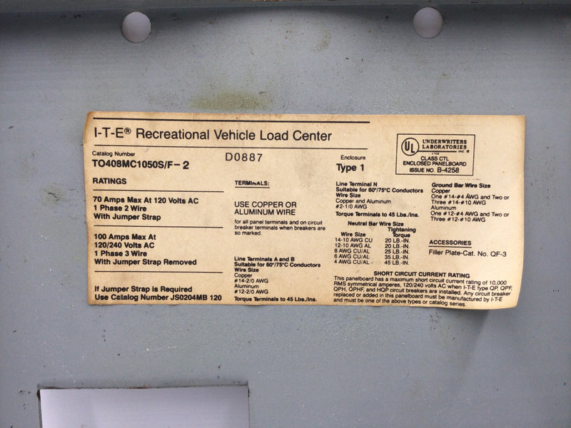 ITE TO408MC1050S/F-2 70 Amp 120V 1 Phase 2 Wire w/Jumper Strap 100 Amp 3 Wire w/o Jumper Strap Dead Front/Cover 12 3/4" x 6 3/4"