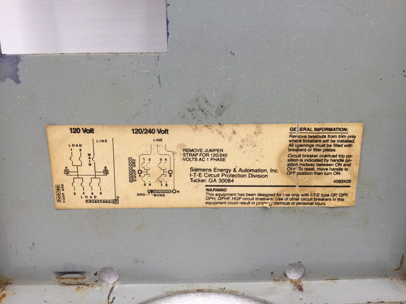 ITE TO408MC1050S/F-2 70 Amp 120V 1 Phase 2 Wire w/Jumper Strap 100 Amp 3 Wire w/o Jumper Strap Dead Front/Cover 12 3/4" x 6 3/4"