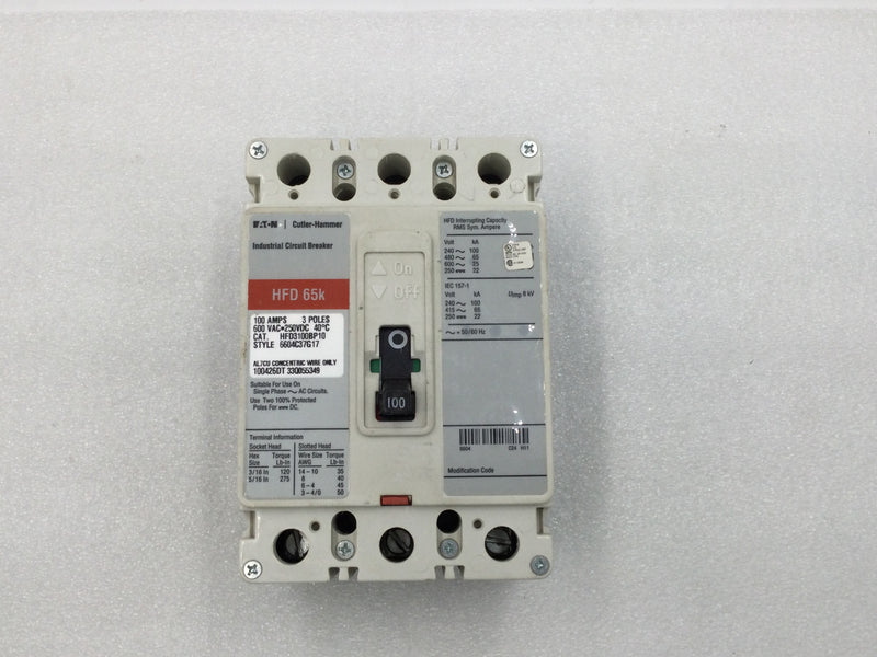 Eaton Cutler Hammer HFD3100BP10 100 Amp 3 Pole 600Vac 250VDC HFD 65K Circuit Breaker