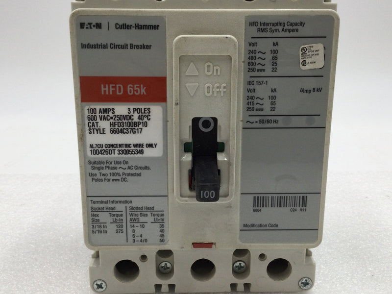 Eaton Cutler Hammer HFD3100BP10 100 Amp 3 Pole 600Vac 250VDC HFD 65K Circuit Breaker