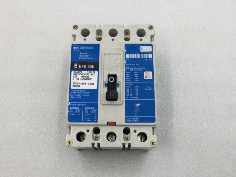 Cutler Hammer HFD3030 3 Pole 30 Amp 600v HFD 65k Circuit Breaker