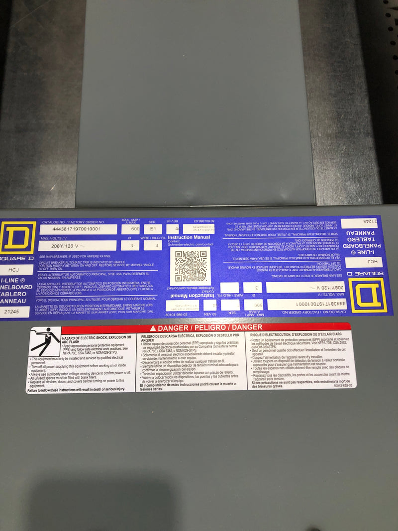 Square D 600 Amp 3PH 3W 208y/120v, 240V Main Breaker I-Line Panel Panelboard