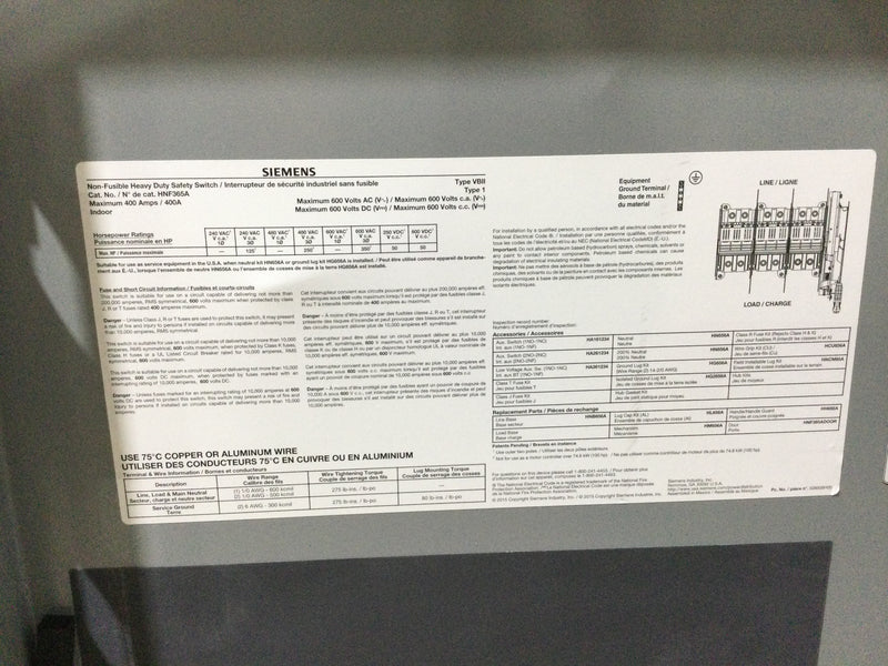 Siemens HNF365 Heavy Duty Safety Switch 600V 400A, NEMA 1