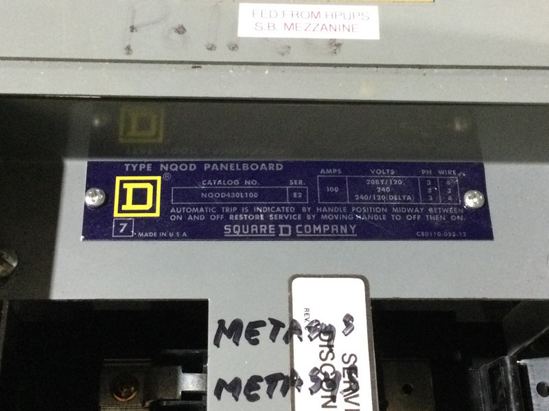 Square D NQOD430L100CU 100A 3 Phase 120/208V 30 Circuit Nema1 Panel Board