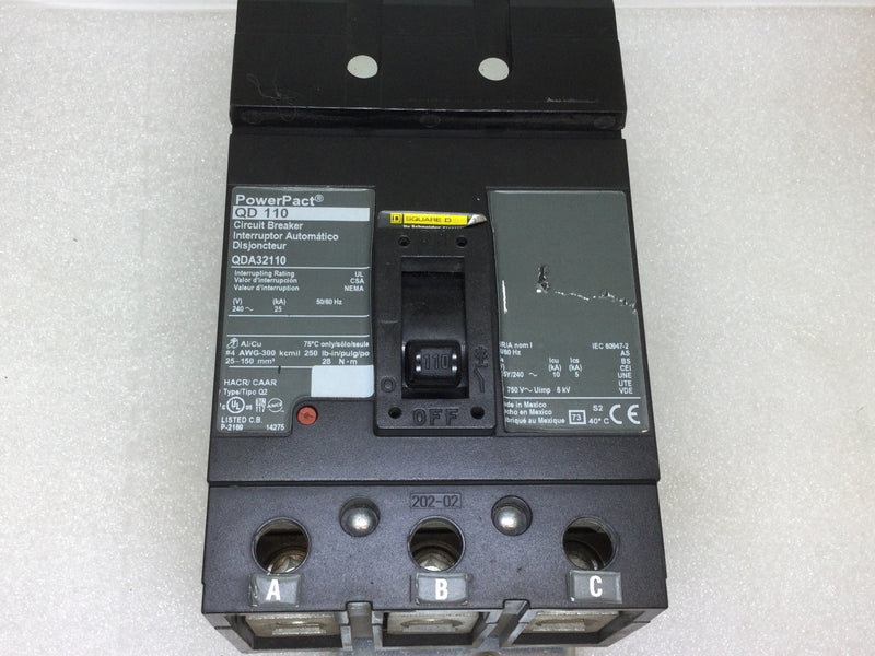 Square D QDA32110 110 Amp 3 Pole 240v PowerPact I Line Circuit Breaker