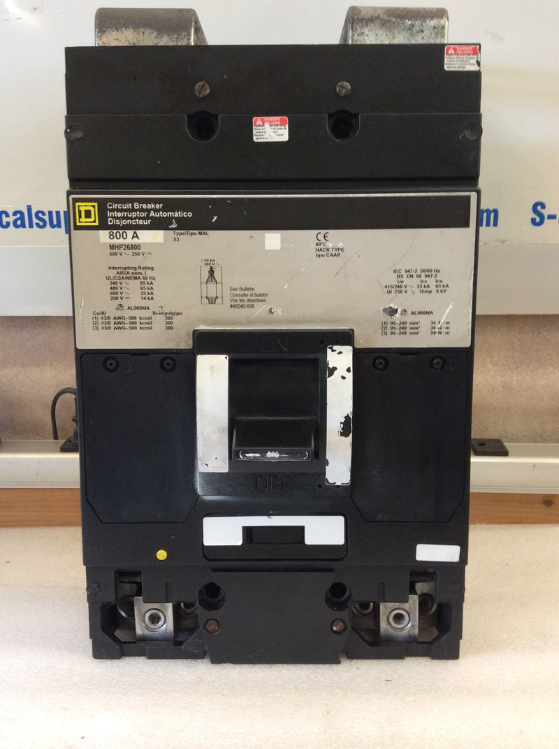 Square D MHP26800 Single Phase 800A 600VAC 65kA Type MAL Circuit Breaker (Missing Lug Cover)