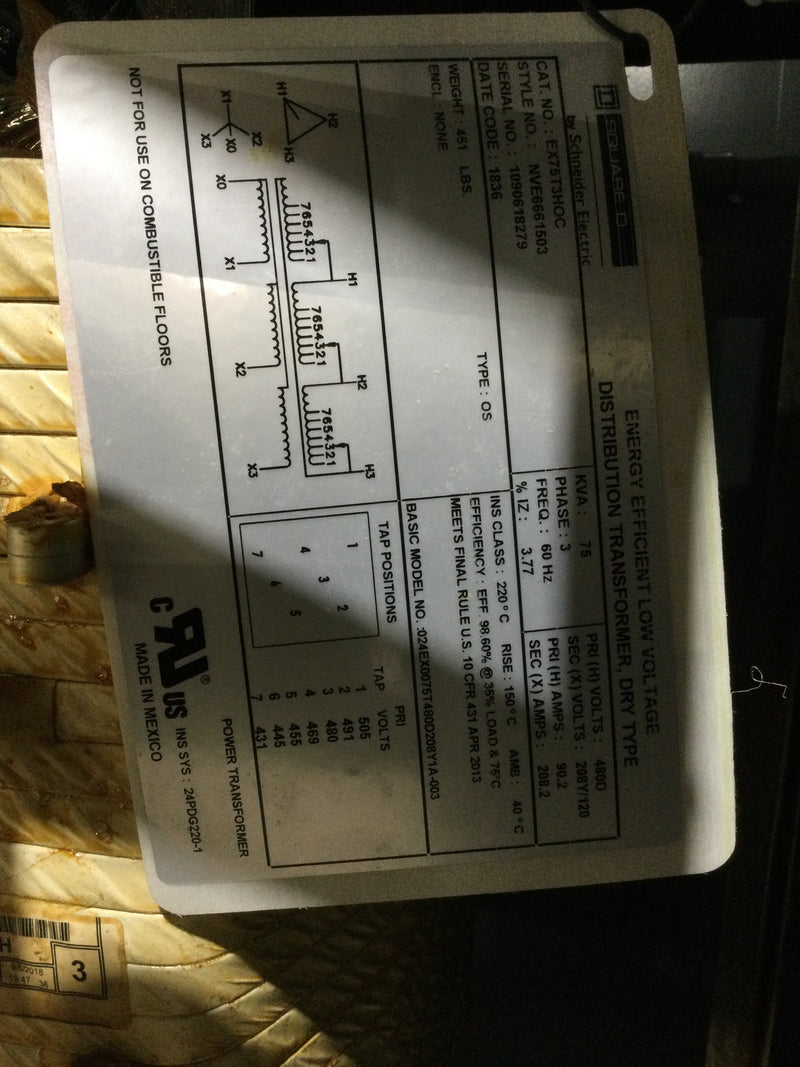 Square D EX76T3H 3 Phase 75kVA 480V Delta @ 90A Primary/208Y/120V @ 208A Secondary