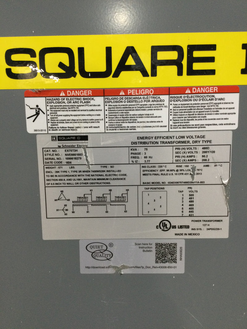 Square D EX76T3H 3 Phase 75kVA 480V Delta @ 90A Primary/208Y/120V @ 208A Secondary