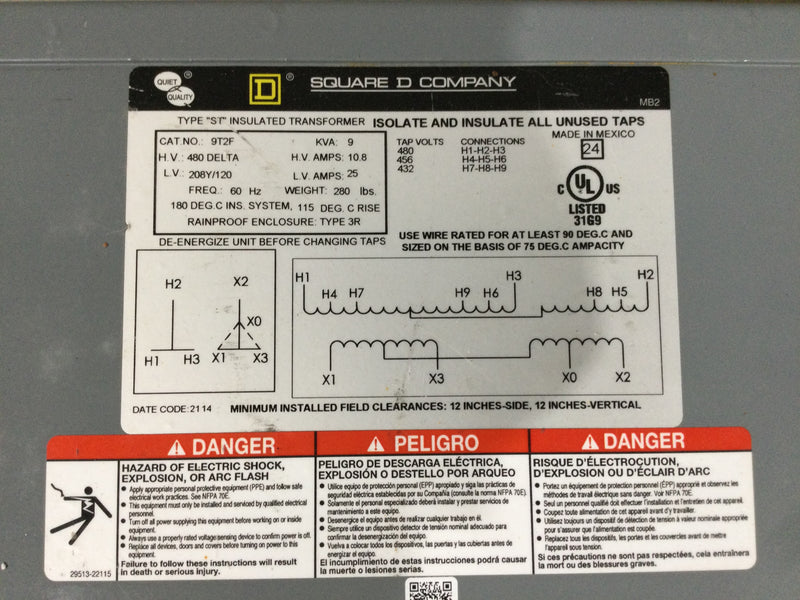 Square D 92TF 3 Phase 9kVA 480VAC Delta @ 10.8A Primary/208Y/120VAC X @ 25A Secondary (New)